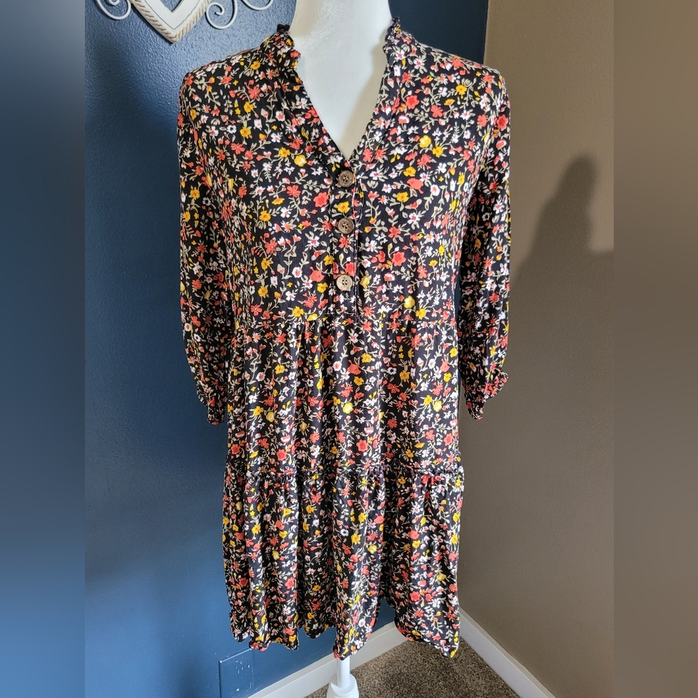 J Glee Floral Print Long Sleeve Layered Flouncy Knee Length Dress Med